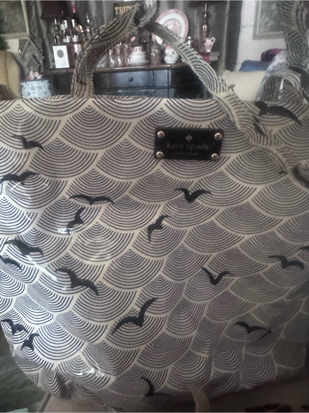 kate spade Cream Tote with Black Seagull Wave Print